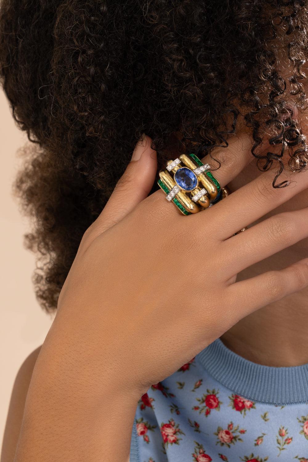 Sapphire Emerald Diamond Couture Ring-YELLOW GOLD-7.5-JEWELRYFINE JEWELRING-DAVID WEBB