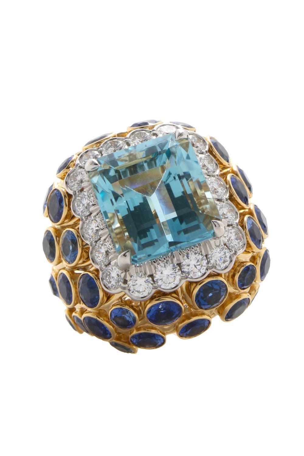 Aquamarine Sapphire Couture Tiered Ring-YELLOW GOLD-JEWELRYFINE JEWELRING-DAVID WEBB