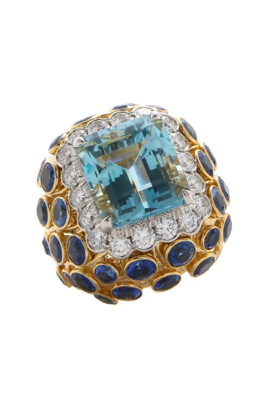 Aquamarine Sapphire Couture Tiered Ring-YELLOW GOLD-JEWELRYFINE JEWELRING-DAVID WEBB