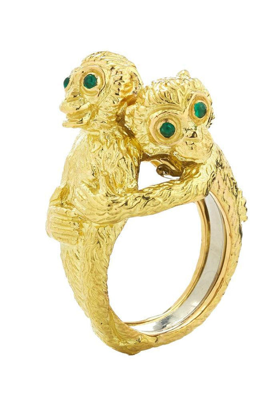 Emerald Hugging Mokeys Ring-YELLOW GOLD-JEWELRYFINE JEWELRING-DAVID WEBB