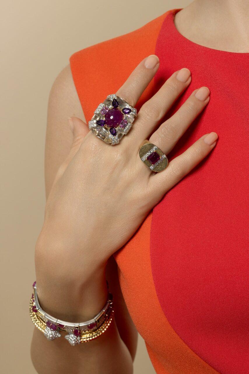 Pink Tourmaline Diamond Color Road Ring-YELLOW GOLD-JEWELRYFINE JEWELRING-DAVID WEBB