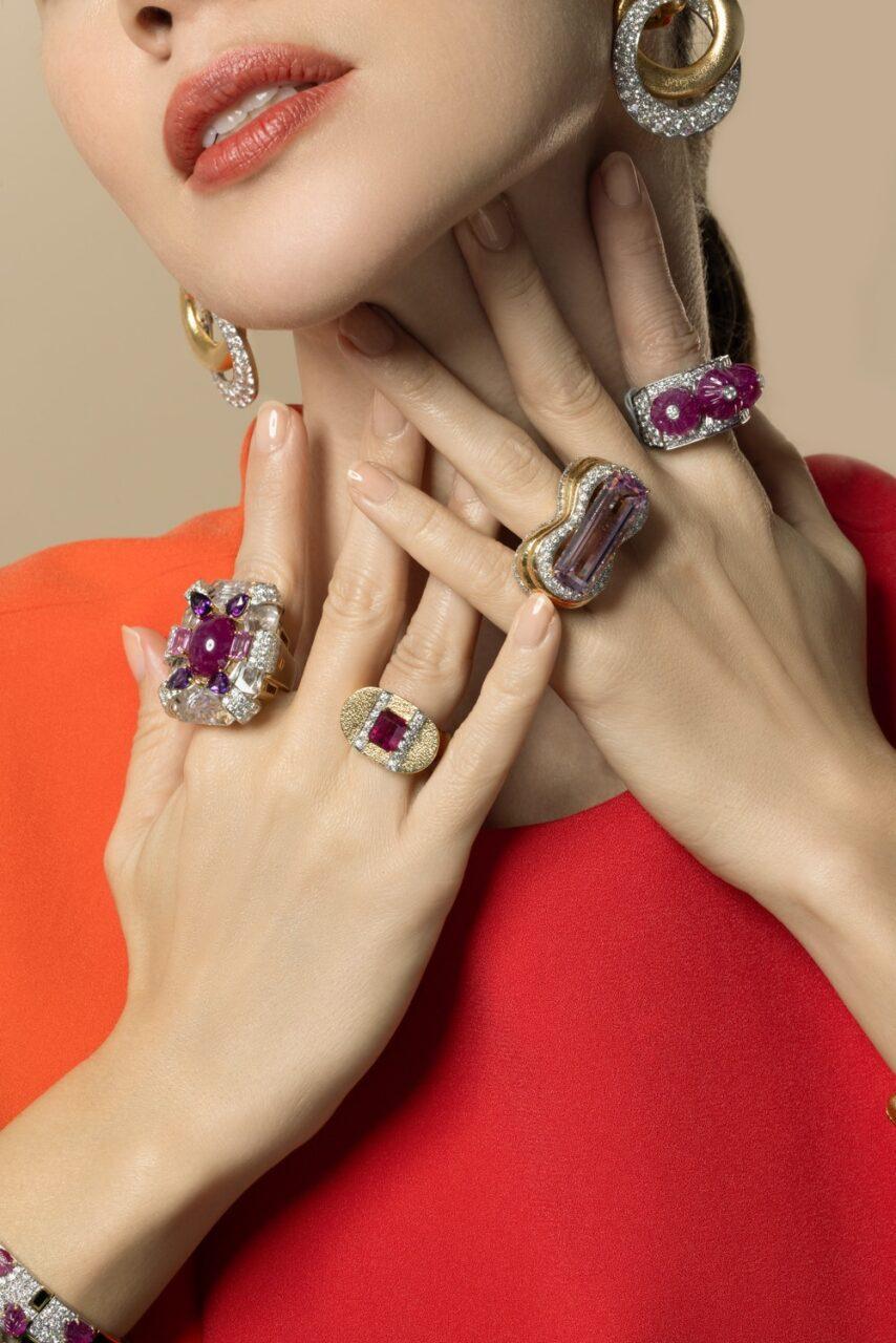 Pink Tourmaline Diamond Color Road Ring-YELLOW GOLD-JEWELRYFINE JEWELRING-DAVID WEBB