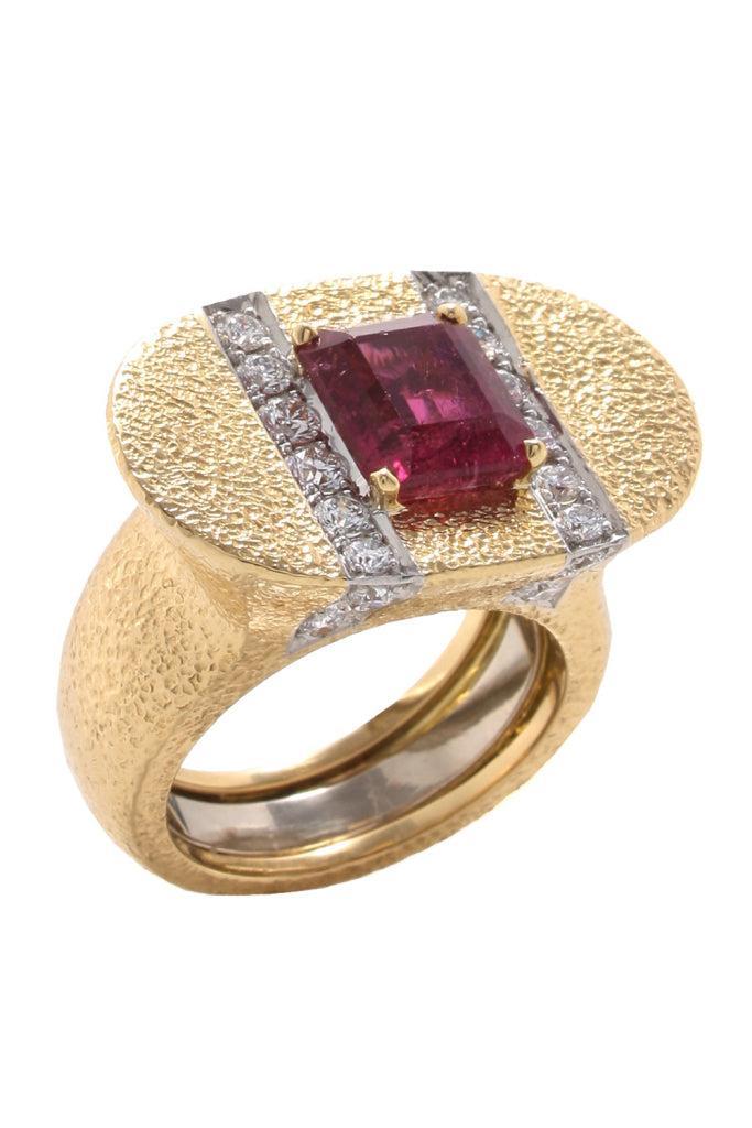 Pink Tourmaline Diamond Color Road Ring-YELLOW GOLD-JEWELRYFINE JEWELRING-DAVID WEBB