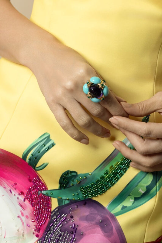 Turquoise Amethyst Emerald Crown Ring-YELLOW GOLD-JEWELRYFINE JEWELRING-DAVID WEBB