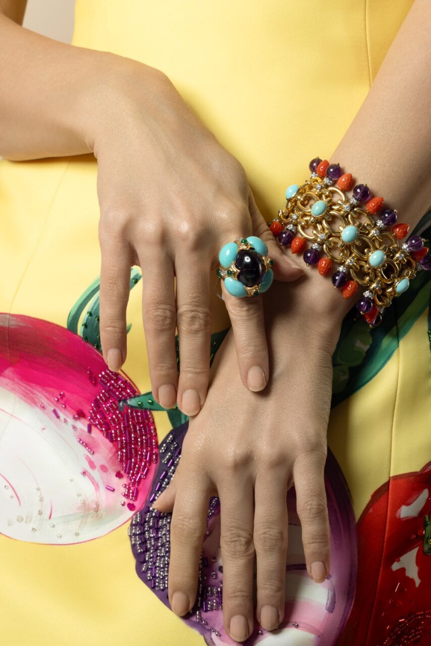 Turquoise Amethyst Emerald Crown Ring-YELLOW GOLD-JEWELRYFINE JEWELRING-DAVID WEBB