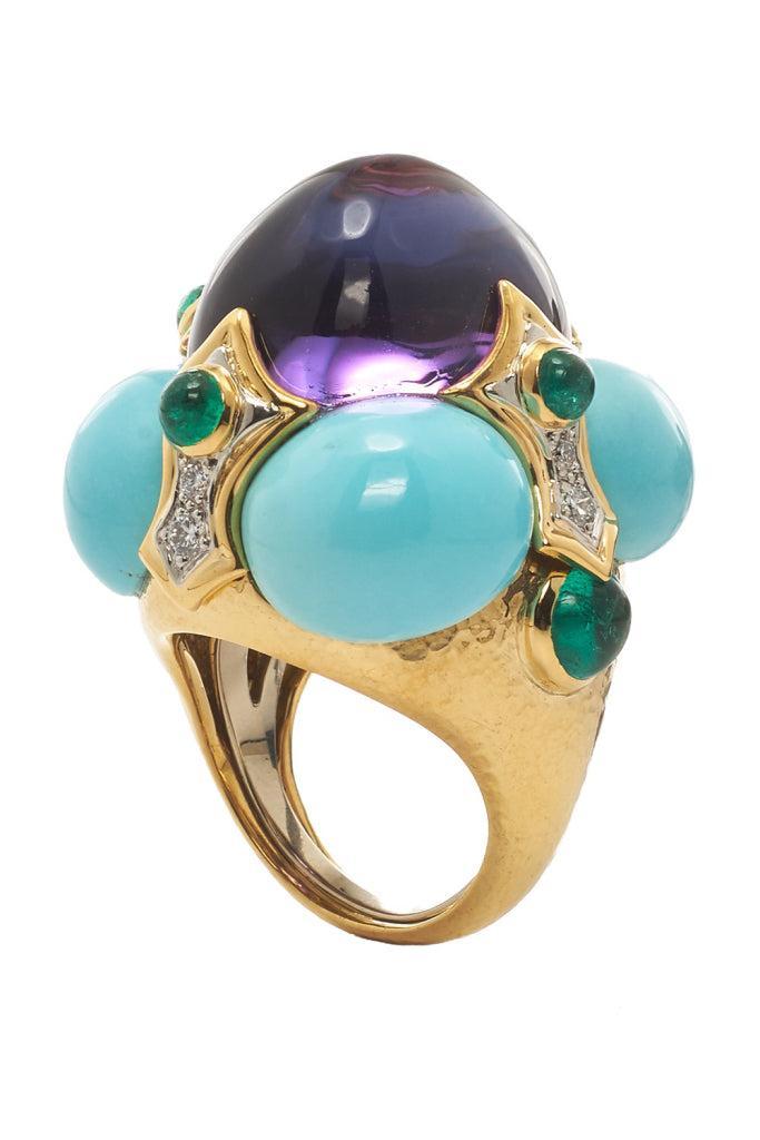 Turquoise Amethyst Emerald Crown Ring-YELLOW GOLD-JEWELRYFINE JEWELRING-DAVID WEBB