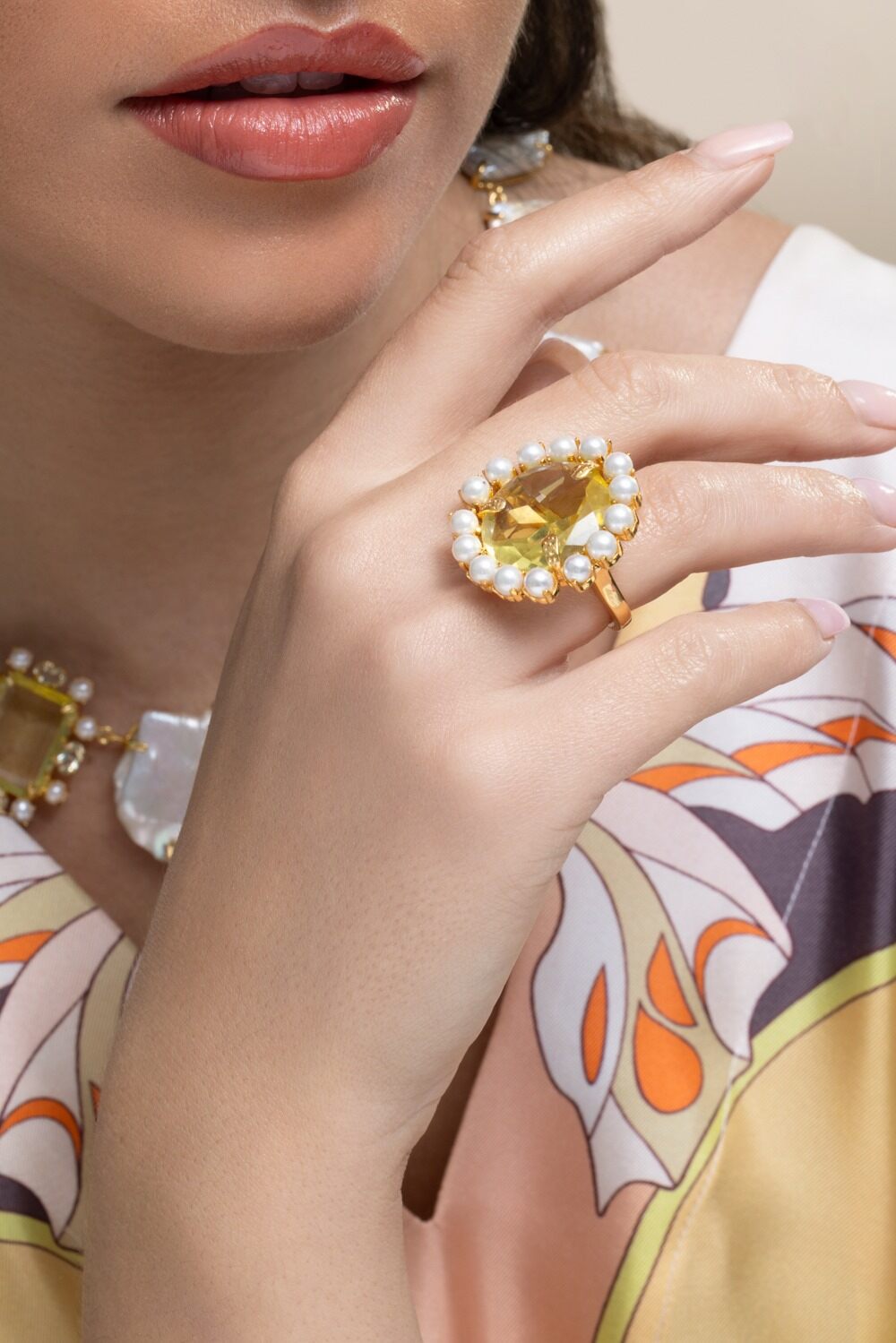 Lemon Quartz Pearl Aurea Ring-YELLOW-5.25-JEWELRYFINE JEWELRING-BOUNKIT JEWELRY