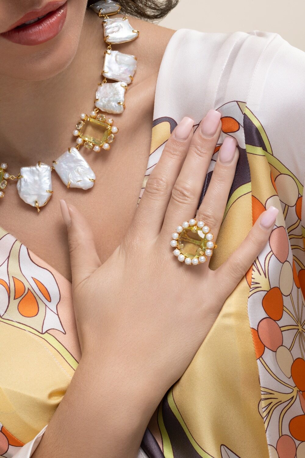 Lemon Quartz Pearl Aurea Ring-YELLOW-5.25-JEWELRYFINE JEWELRING-BOUNKIT JEWELRY