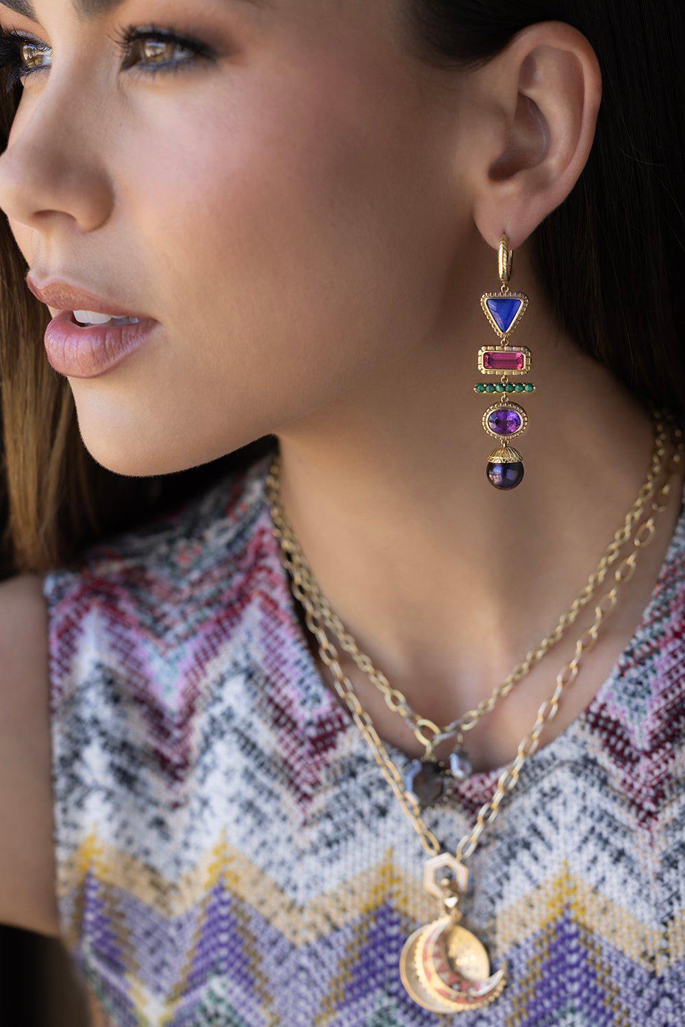 HARWELL GODFREY-5 Stone Totem Huggie Earrings-YELLOW GOLD