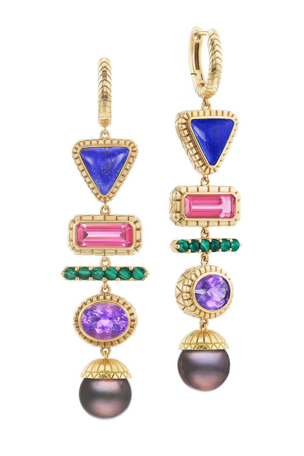 HARWELL GODFREY-5 Stone Totem Huggie Earrings-YELLOW GOLD