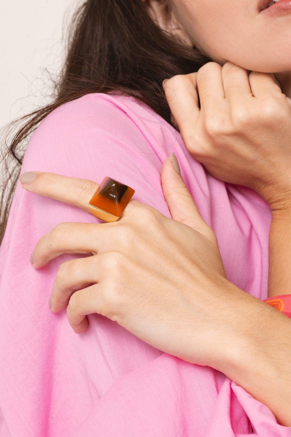 MARK DAVIS-Brown Bakelite Kendall Ring-YELLOW GOLD