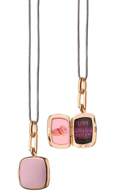 MONICA RICH KOSANN-Pink Enamel Rose Gold Vermeil Cushion Locket-ROSE GOLD