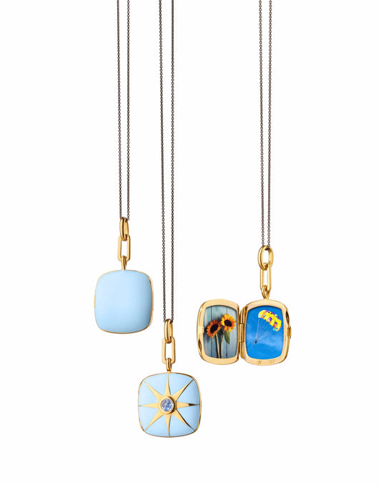 MONICA RICH KOSANN-Blue Enamel Vermeil Cushion Locket with Blue Sapphire-YELLOW GOLD