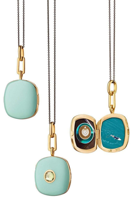 MONICA RICH KOSANN-Green Enamel Gold Vermeil Cushion Locket-YELLOW GOLD