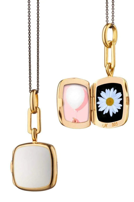 MONICA RICH KOSANN-White Enamel Cushion Locket Necklace-YELLOW GOLD