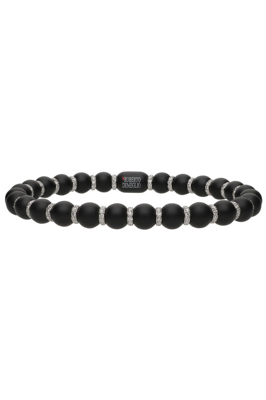Diamond Alternating Matte Black Sfera Stretch Bracelet-WHITE GOLD-JEWELRYFINE JEWELBRACELET O-ROBERTO DEMEGLIO