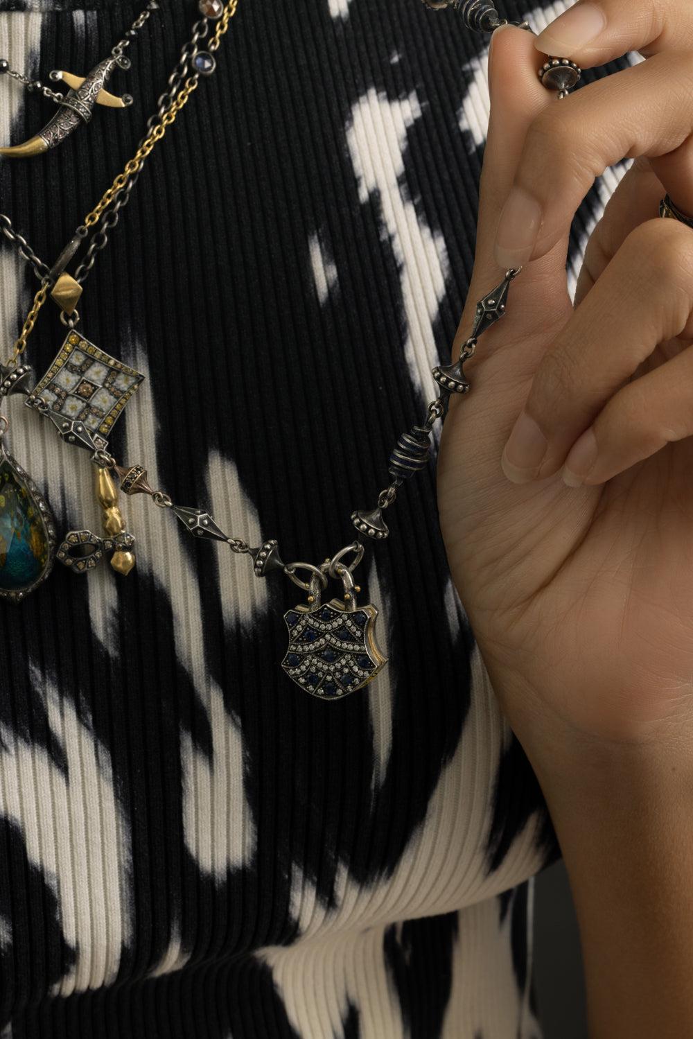 Blue Sapphire Medium Shield Padlock Pendant-YELLOW GOLD-JEWELRYFINE JEWELPENDANT-SEVAN BICAKCI