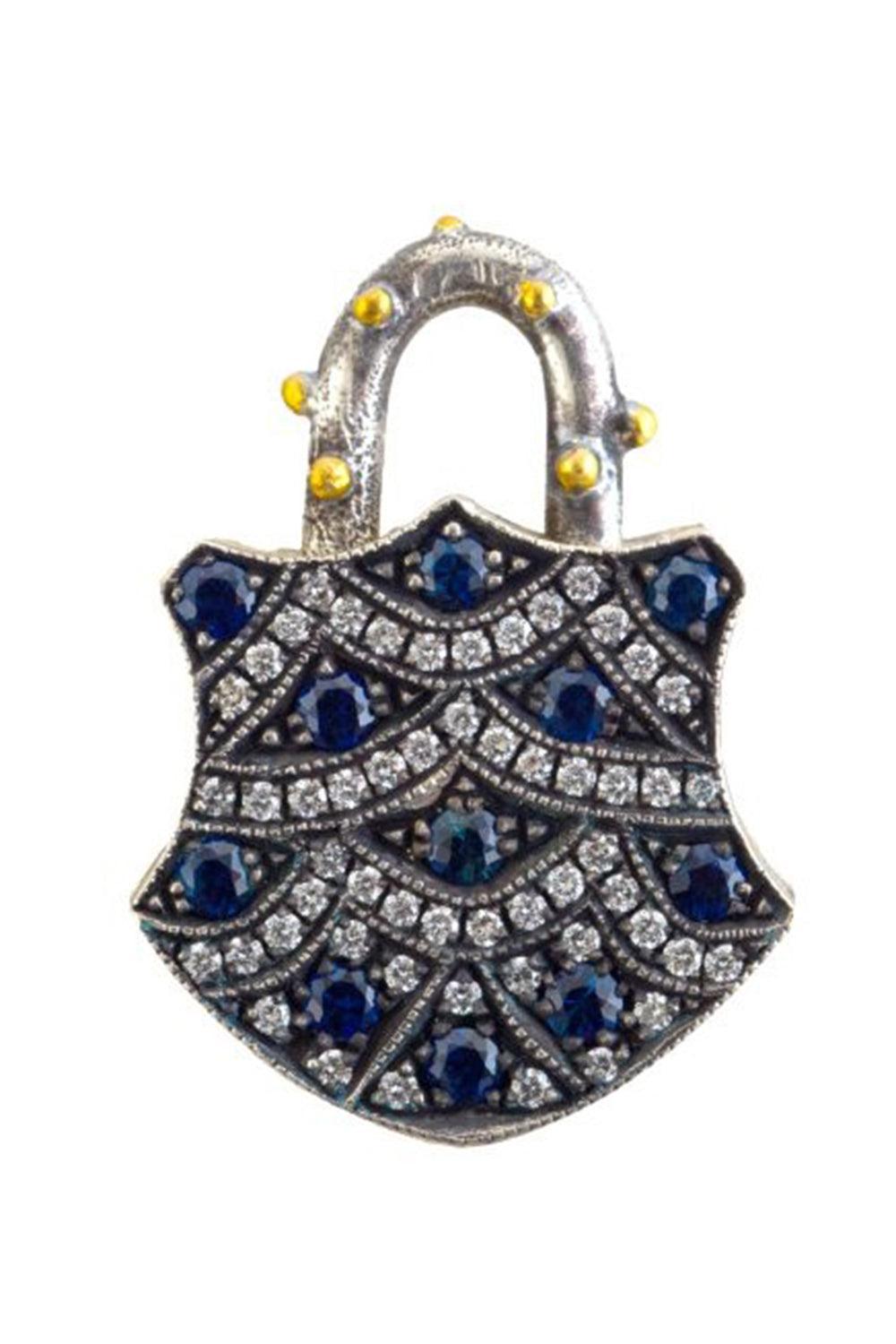 Blue Sapphire Medium Shield Padlock Pendant-YELLOW GOLD-JEWELRYFINE JEWELPENDANT-SEVAN BICAKCI