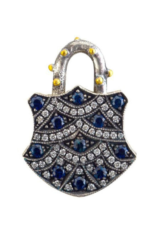 Blue Sapphire Medium Shield Padlock Pendant-YELLOW GOLD-JEWELRYFINE JEWELPENDANT-SEVAN BICAKCI