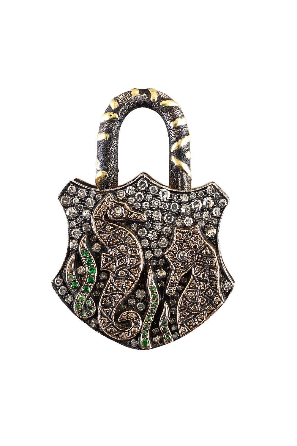 Green Garnet Diamond Large Seahorse Padlock Pendant-YELLOW GOLD-JEWELRYFINE JEWELPENDANT-SEVAN BICAKCI