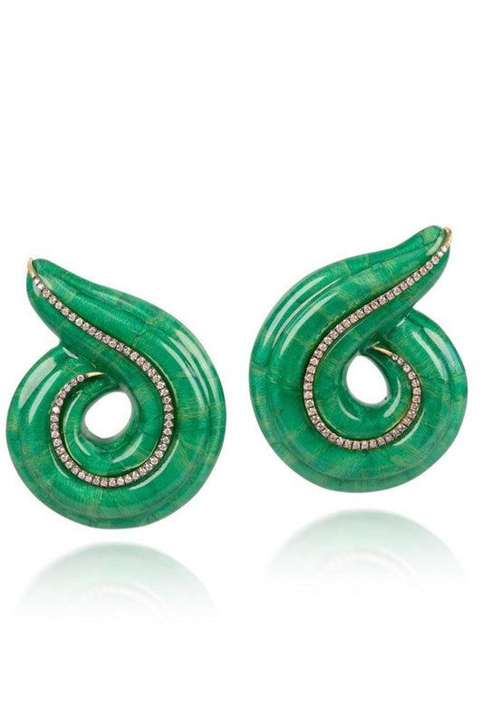 Diamond Green Lacquered Marquetry Spiral Earrings-YELLOW GOLD-JEWELRYFINE JEWELEARRING-SILVIA FURMANOVICH