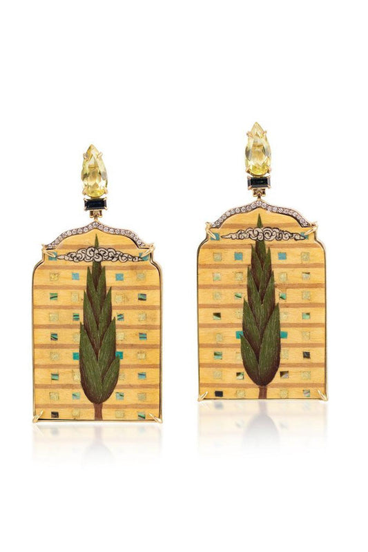 Diamond Sapphire Abalone Pine Tree Window Marquetry Earrings-YELLOW GOLD-JEWELRYFINE JEWELEARRING-SILVIA FURMANOVICH