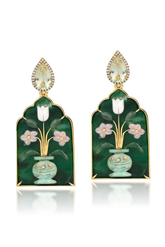 Pearl Malachite Flower Vase Windo Earrings-YELLOW GOLD-JEWELRYFINE JEWELEARRING-SILVIA FURMANOVICH