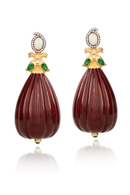 Tsavorite Opal Burgundy Lacquered Marquetry Wavey Teardrop Earrings-YELLOW GOLD-JEWELRYFINE JEWELEARRING-SILVIA FURMANOVICH
