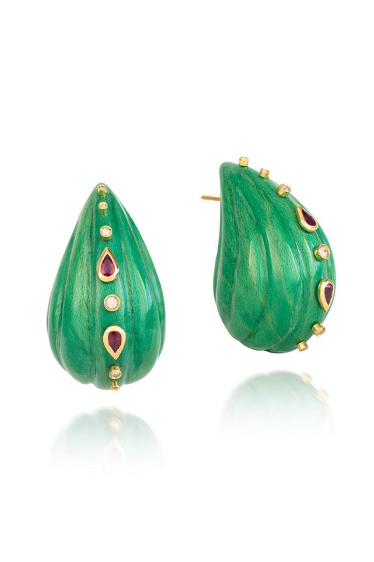 Turquoise Lacquered Marquetry Wavey Teardrop Earrings-YELLOW GOLD-JEWELRYFINE JEWELEARRING-SILVIA FURMANOVICH