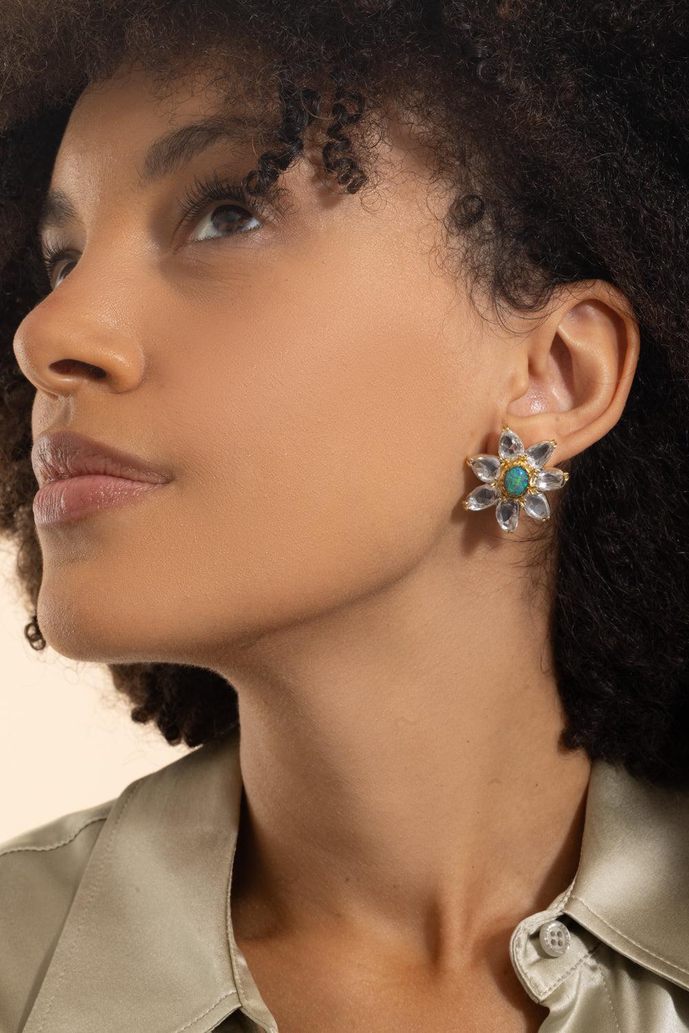 White Sapphire Black Opal Flower Earrings-YELLOW GOLD-JEWELRYFINE JEWELEARRING-VICTOR VELYAN