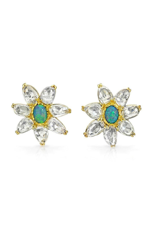White Sapphire Black Opal Flower Earrings-YELLOW GOLD-JEWELRYFINE JEWELEARRING-VICTOR VELYAN