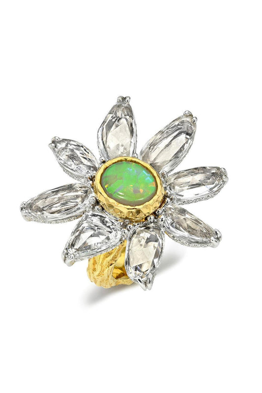 White Sapphire Black Opal Flower Ring-YELLOW GOLD-7-JEWELRYFINE JEWELRING-VICTOR VELYAN
